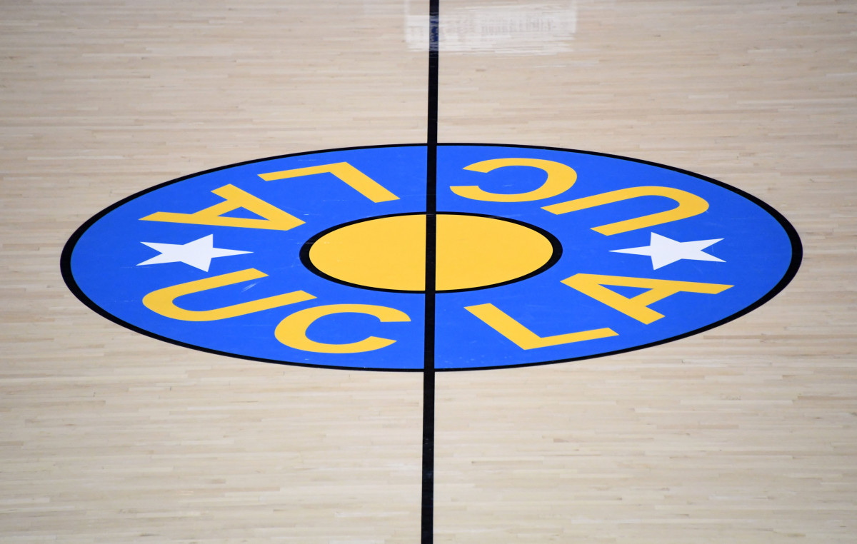 Detailed view of the the UCLA Bruins logo at center court at Pauley Pavilion.